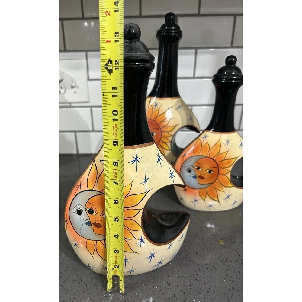 Set of 3 Celestial Sun & Moon Black Yellow‎ Decorative Jars Pitchers Bottles